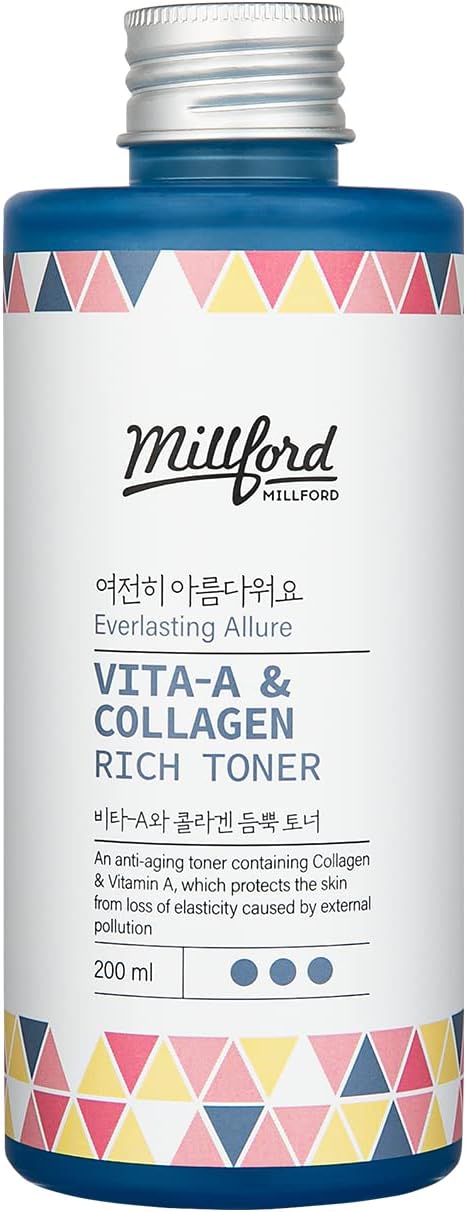 Millford Vita A & Collagen Rich Toner 6.76 Oz, 200ml, Fish/Marine Collagen, Anti Aging Serum, Face Cream, Facial Moisturizer, Wrinkes, Fine Lines, Retinyl Palmitate, Korean Skincare