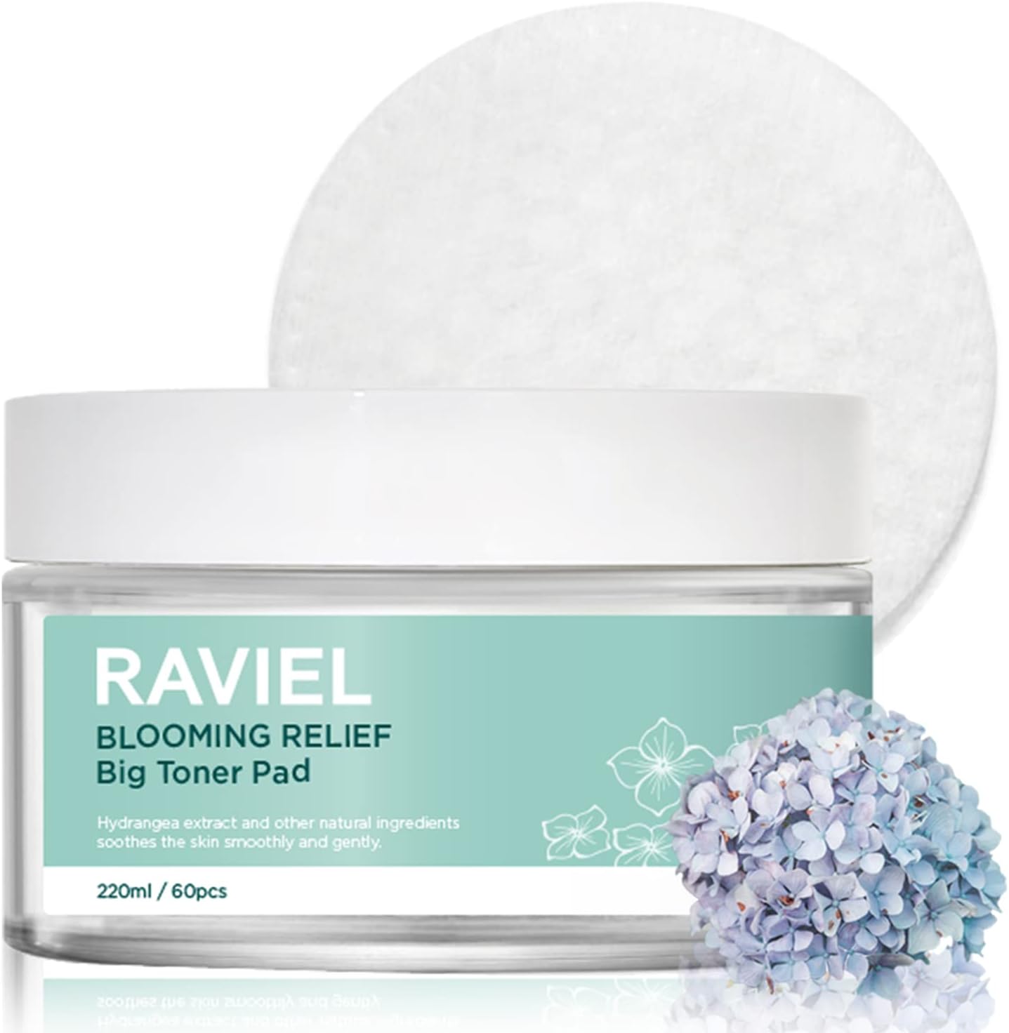 RAVIEL Blooming Relief Big Size Soothing Toner Pad, Blackheads, Breakouts, Enlarged Pores, Exfoliating, Deep Hydration, Moisturizing, Hydrangea Macrophylla Flower Extract (7.43 fl oz, 60 Pads)