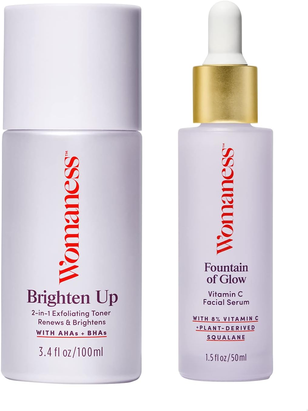 Womaness Menopause Support Get Glowing Skin Care - Brighten Up 2-in-1 Exfoliating Toner (3.4oz) + Fountain of Glow Vitamin C Face Serum (50ml) - 2 Products