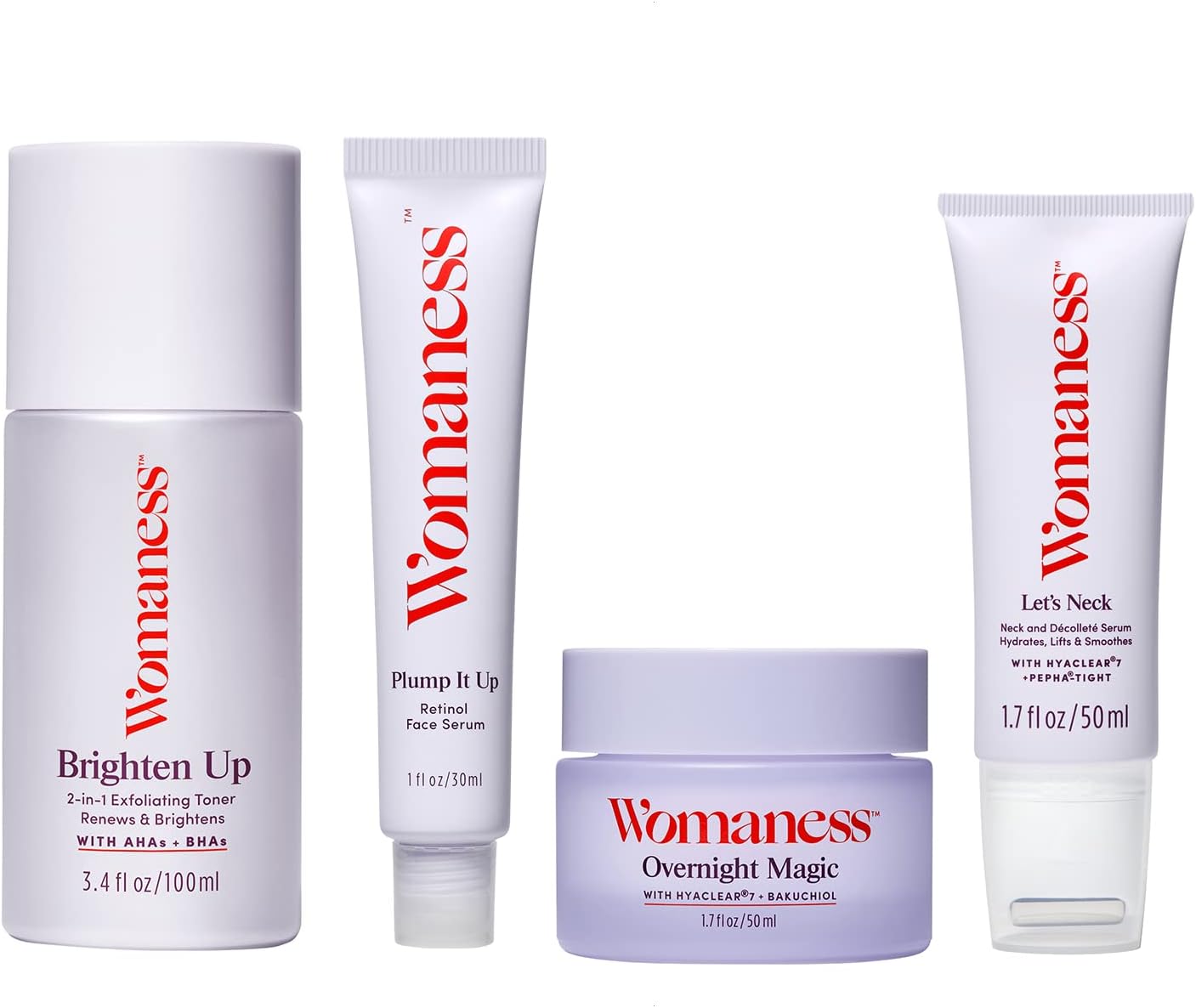 Womaness Menopause Support PM Skincare - Brighten Up 2-in-1 Exfoliating Toner (3.4oz), Let's Neck (50ml), Plump It Up Gentle Retinol Serum (1 Oz), Overnight Magic Face Cream (1.7 Fl Oz) - 4 Products