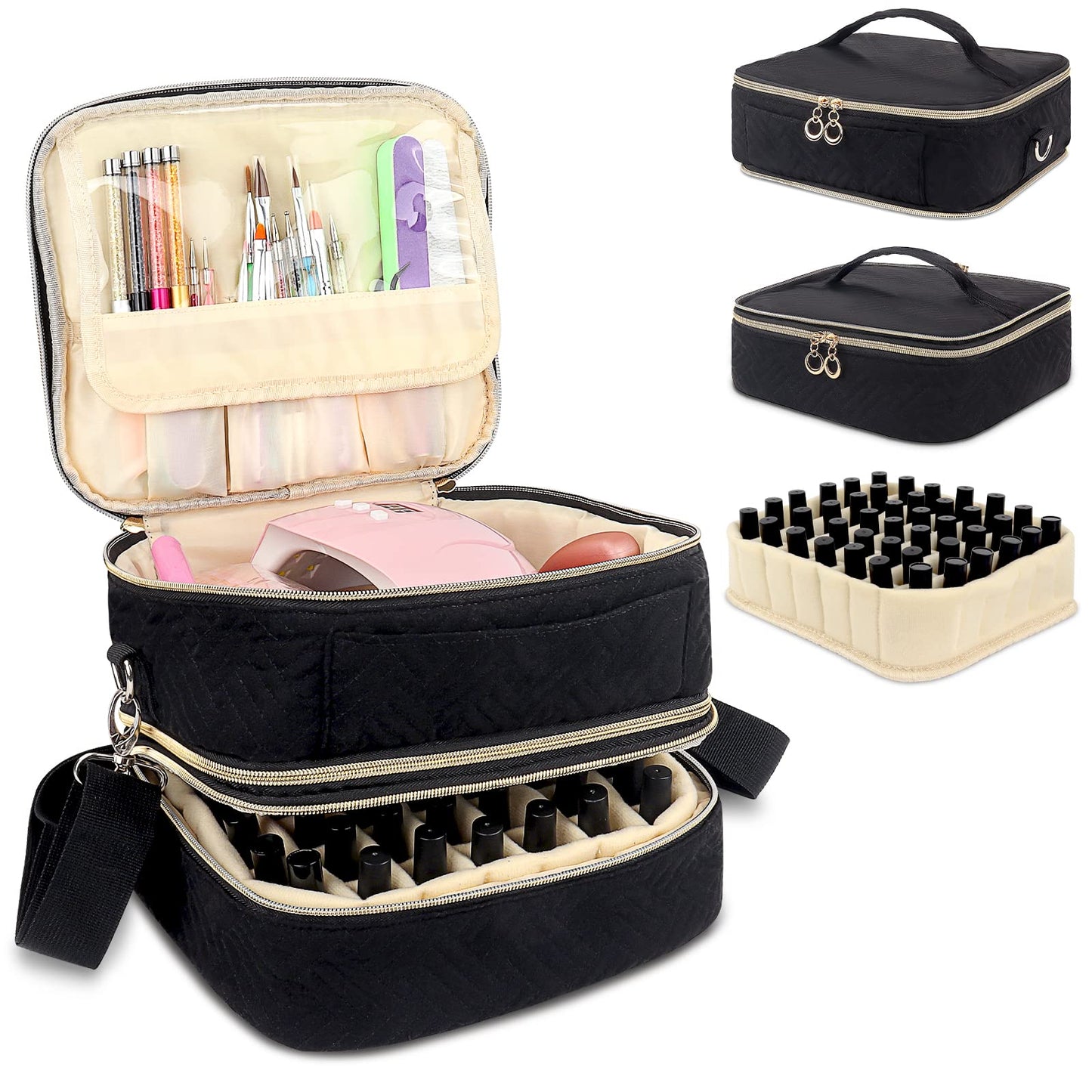 Nail Polish Organizer Case, Detachable Double Layer Nail Polish Organizer Bag Holds Up 42 Bottles, Portable Nail Polish Organizer Holder with Storage Pockets, Travel Bag Manicure Storage Bag(Black)