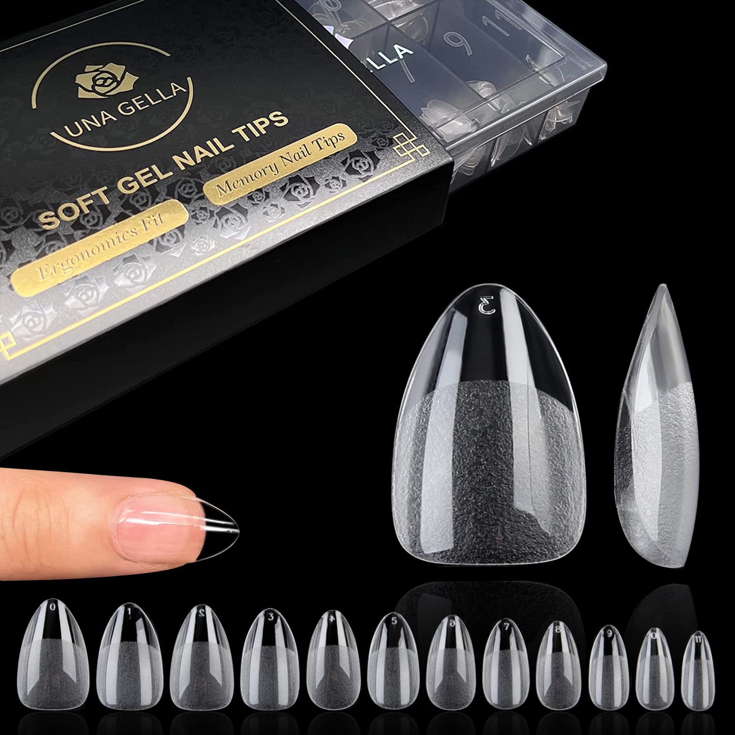 UNA GELLA Short Almond Nail Tips 600 Pcs Pre-Filed Soft Gel Full Cover Almond Nail Tips Press On Nails 12 Sizes Half Matte Clear Fake Almond Shaped Gel Nails for Nail Extension Home DIY Salon with Box