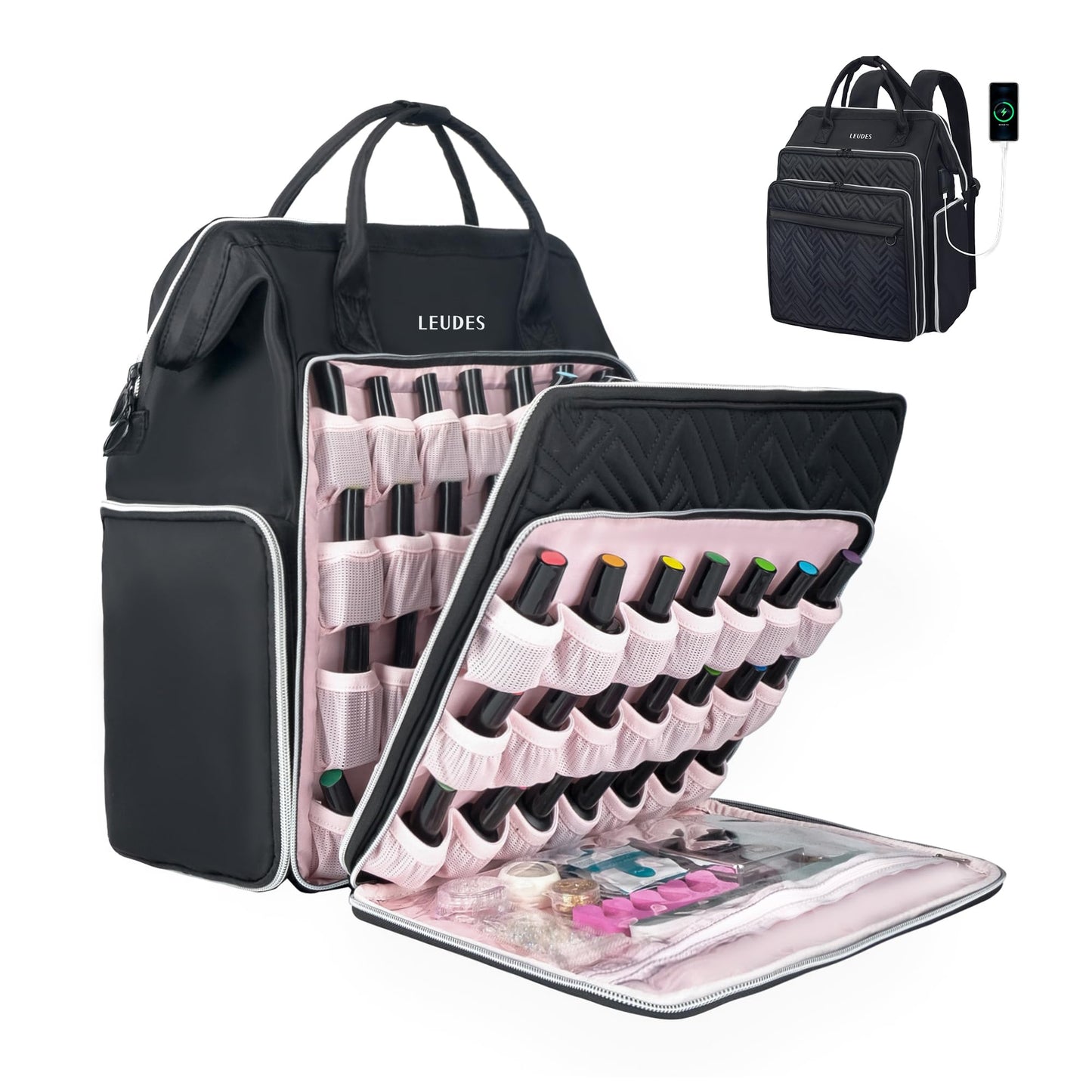 Leudes Nail Polish Organizer Holder 77 Bottles Storage for Nail Techs Supplies Nail Bag Case Backpack with USB Charging Port
