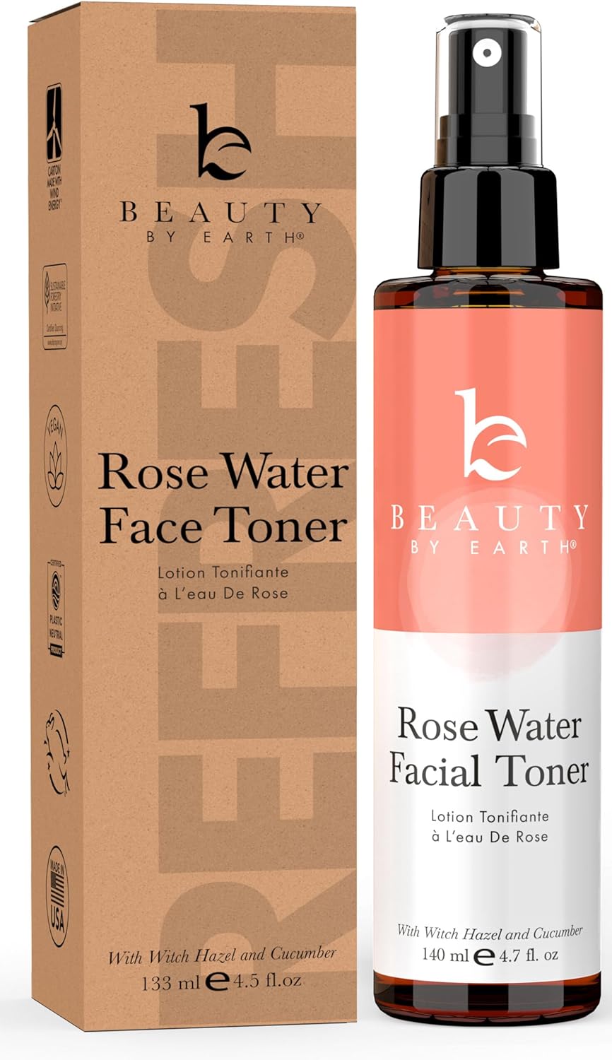 Rosewater Face Mist - Hydrating Rose Toner Face Spray Mist with Witch Hazel - Rosewater Toner Face Rosewater Spray Face Mist Hydrating Spray - Agua de Rosa para la Cara Hidratante - Rosewater Spray