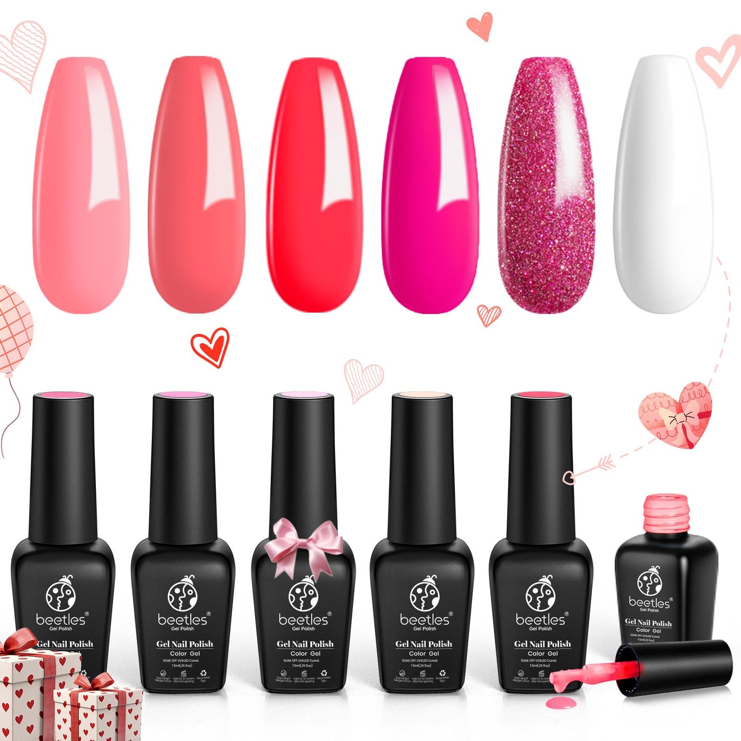 Beetles Gel Nail Polish Set - 6 Colors Pink Rose Red Nail Gel Polish Kit White Gel Nail Polish Valentine Gel Nail Polish Collection Pink Glitter Gifts for Women Soak Off Uv Nail Lamp Manicure Kit