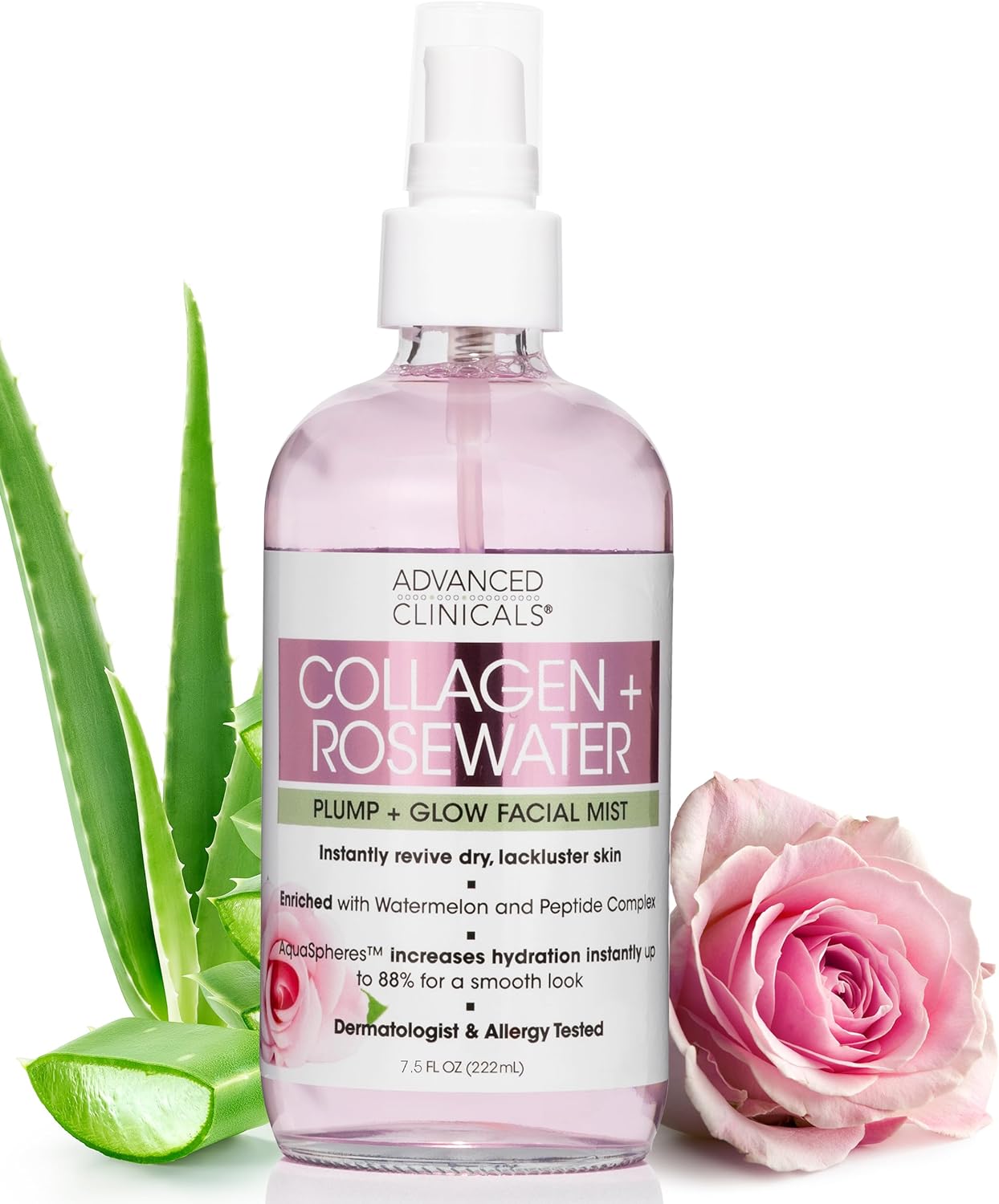 Advanced Clinicals Collagen + Rosewater Face Toner Skin Care Reviving & Hydrating Facial Mist for Face, Non-Greasy Instant Hydration Face Spray W/Pure Rose Water, Collage, & Natural Extracts, 8 Fl Oz