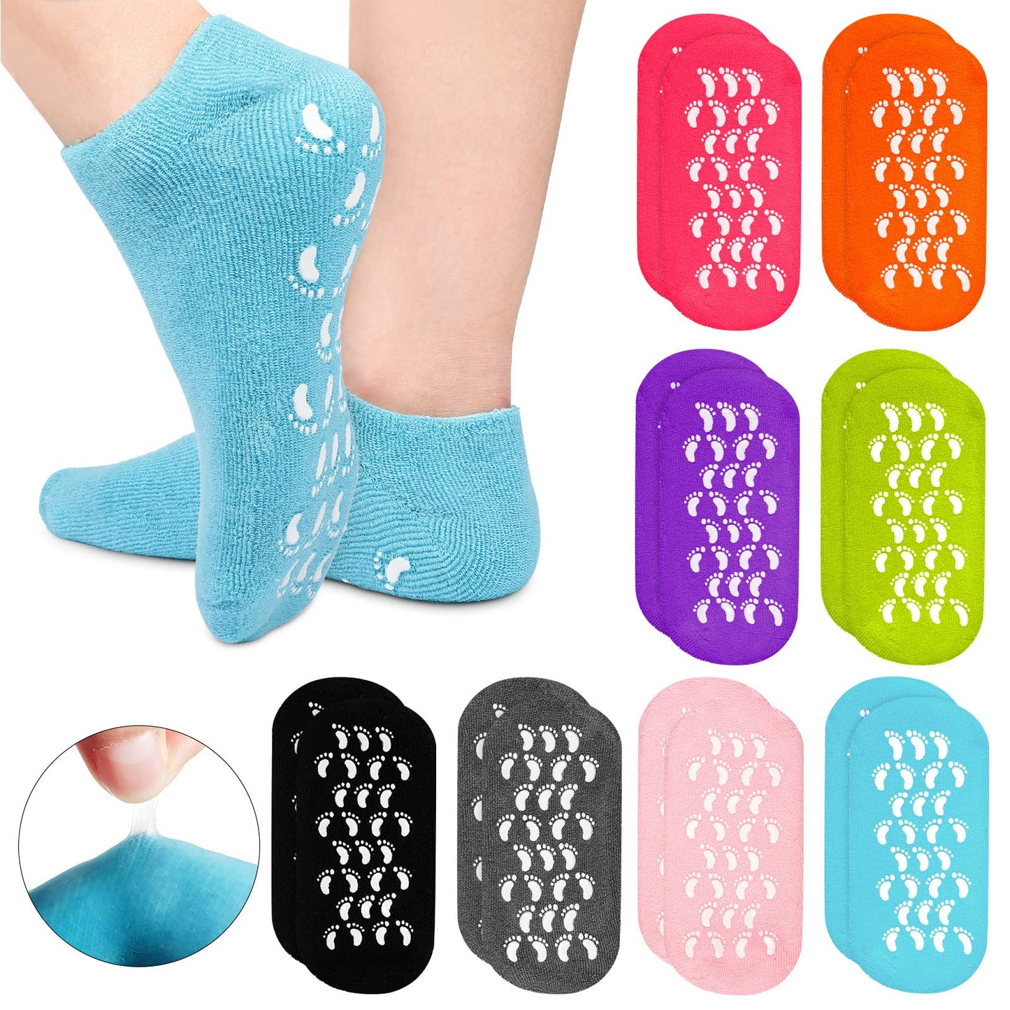 8 Pairs Moisturizing Gel Socks Feet Care Gel Spa Socks Foot Moisturizer Silicone Socks Non Slip Heel Socks for Dry Cracked Feet Overnight Lotion Socks for Women Men Softening Feet Rough Skin