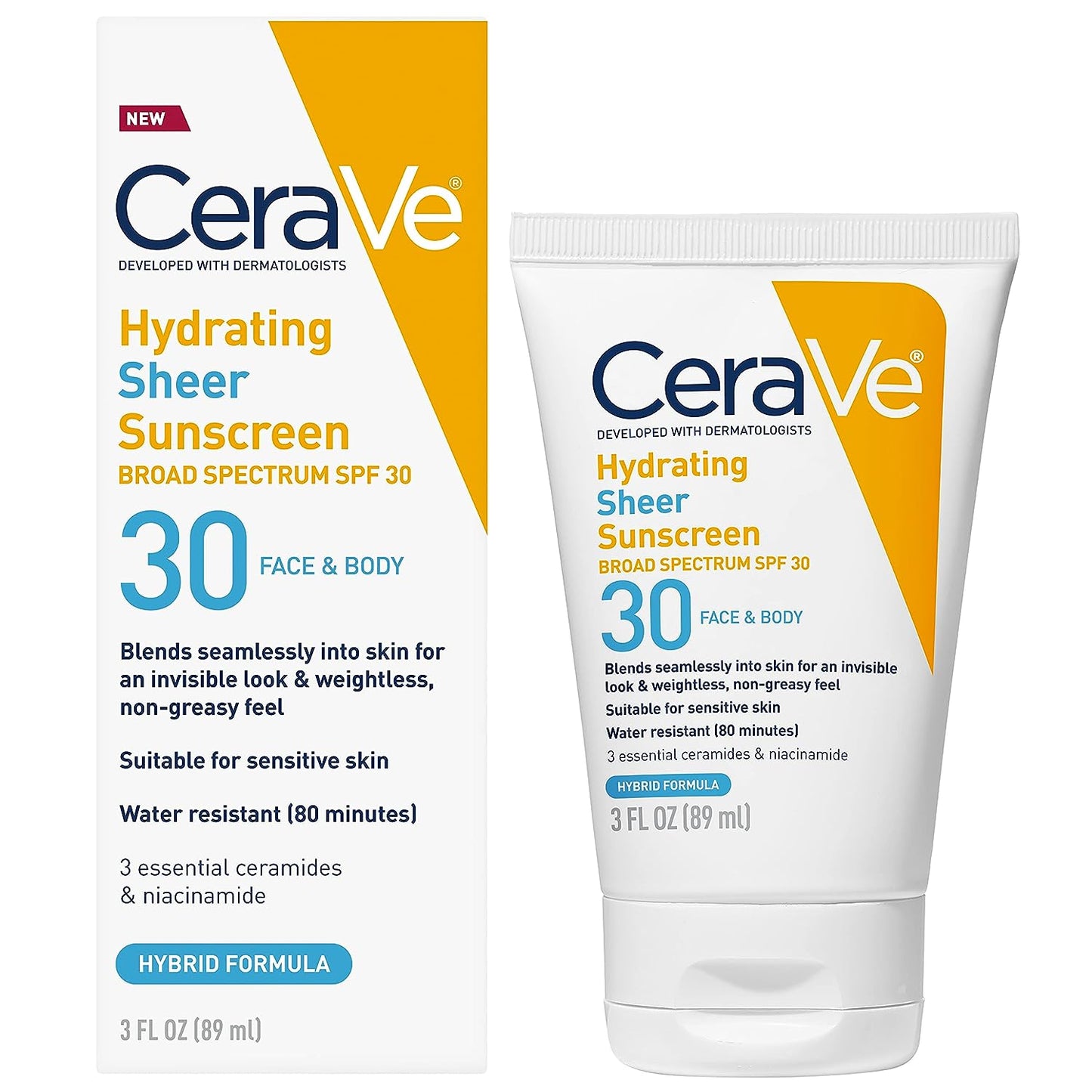 CeraVe Hydrating Sheer Sunscreen SPF 30 for Face and Body | Mineral & Chemical Sunscreen with Zinc Oxide, Hyaluronic Acid, Niacinamides and Ceramides| Paraben Free Fragrance Free | 3 Ounces