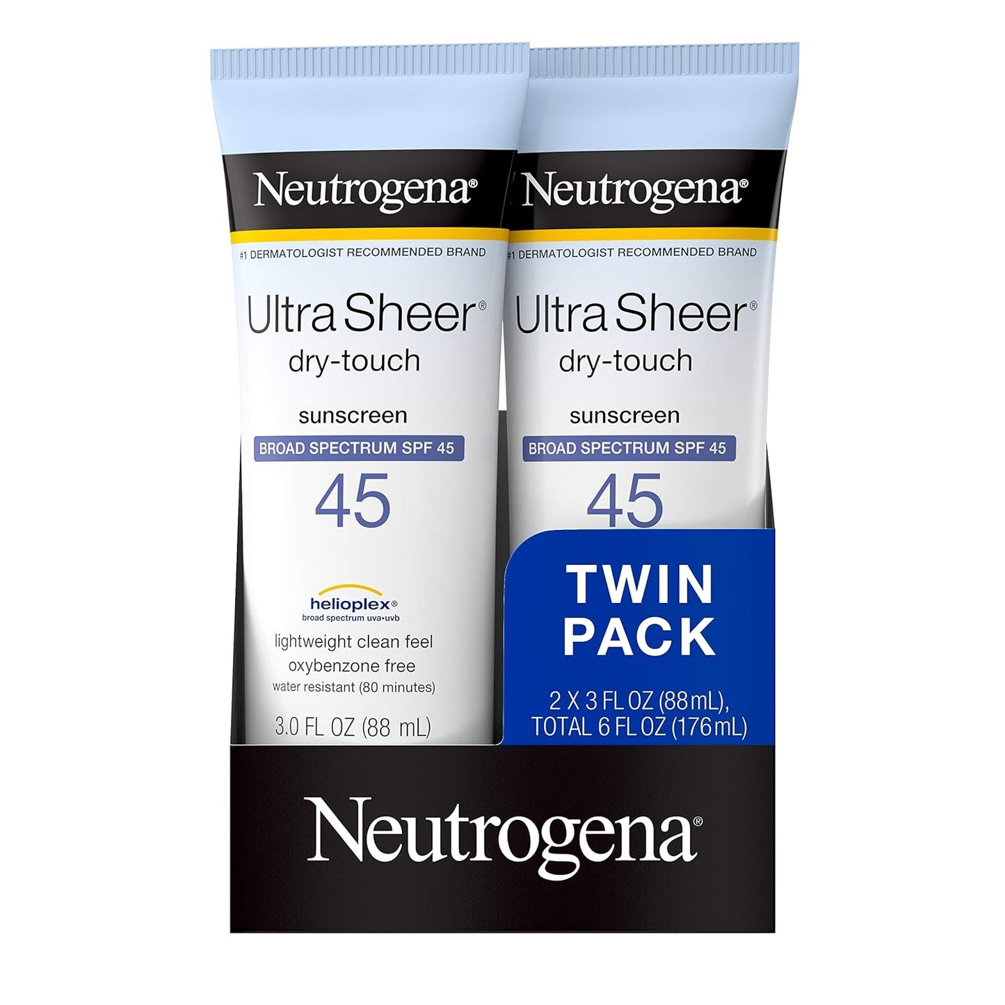 Neutrogena Ultra Sheer Dry-Touch Water Resistant Sunscreen Lotion with Broad Spectrum SPF 45, TSA-Compliant, 3 Fl Oz, Pack of 2, 6 Fl Oz
