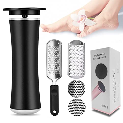 Electric Foot Callus Remover Speed Adjustable with 60pcs Replacement Sandpaper Discs 2pcs Detachable Colossal Pedicure Rasp Pedicure Tool Kit Callus Shaver Set Dead Cracked Hard Dry Skin(Black)