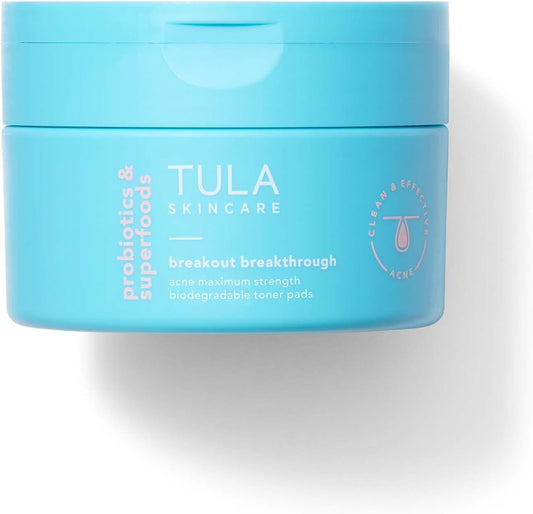 TULA Skin Care Breakout Breakthrough - Acne Maximum Strength Biodegradable Toner Pads, Non-Alcohol, Acne & Blemish Fighting, Soothes & Brightens Marks, 30 Pads