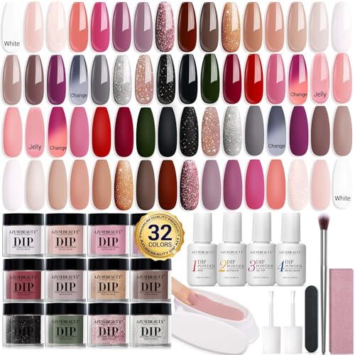 AZUREBEAUTY Dip Powder Nail Starter Kit Brown Nude Pink Grey Acrylic Dipping Powder 32 Colors All-in-1 Set Recycling Tray&Liquid Top/Base Coat Activator Nail Art Manicure Salon 42 PCS