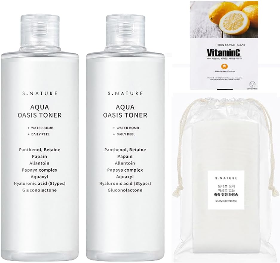 S Nature Toner, S Nature Aqua Oasis Toner 300ml + 300ml / 20.28 Fl Oz, S Nature Premium Cotton Pad 60 Count, Made in Korea, 3 Piece Set (Pack of 3)