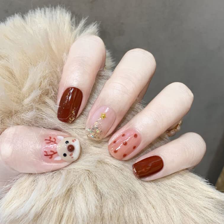 Light Rain Christmas Press on Nails - Reindeer, 3D Handmade Reusable Gel UV Finished Red and Pink Bling False nails, Hand-Painted with Design by Professional Manicurist, Short Square, Small Size