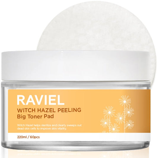 RAVIEL Witch Hazel Big Size Peeling Toner Pad, Exfoliating & Blackhead Remover, AHA BHA PHA 3 Layer Exfoliation, Deep Hydration, Moisturizing (7.43 fl oz, 60 Pads)