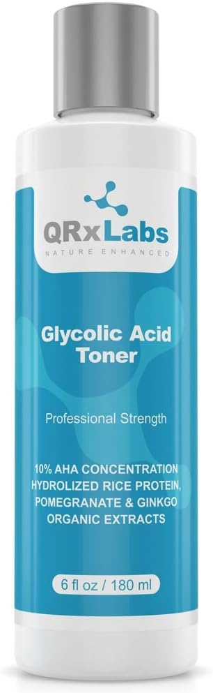Glycolic Acid Toner - Professional Exfoliating Anti-Aging Toning Solution for Face with 10% AHA, Witch Hazel, Hydrolyzed Rice Protein and Pomegranate & Ginkgo Biloba Extracts - 1 Bottle of 6 fl oz