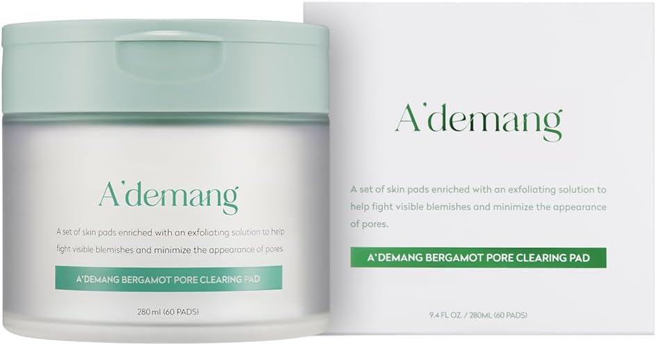 A'demang Bergamot Pore Clearing Toner Pad | Exfoliating Facial Pad, Facial Peels, Hydrating | for Acne Prone, Dry Oily Combination Skin | Korean Skincare [9.4 fl oz. / 280ml, 60 Pads]