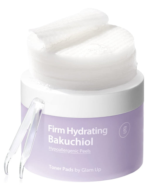 GLAM UP Pore Peeling & Exfoliating Bakuchiol Toner Pads - Anti Aging Retinol Alternative - 100% Bamboo Silky Gauze for Fine Lines and Dry, Aging Skin - Hyperallergenic, Vegan & Cruelty free(65 Pads)