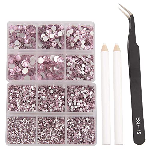 NCB 8000pcs Non Hotfix Rhinestones 10 Sizes Flatback Crystal Glass Rhinestones with Tweezers and Picking Pen for Nail Art Clothes Bags Phone Decorations Crafts DIY (022 Lt. Rose Mix SS3-SS30)