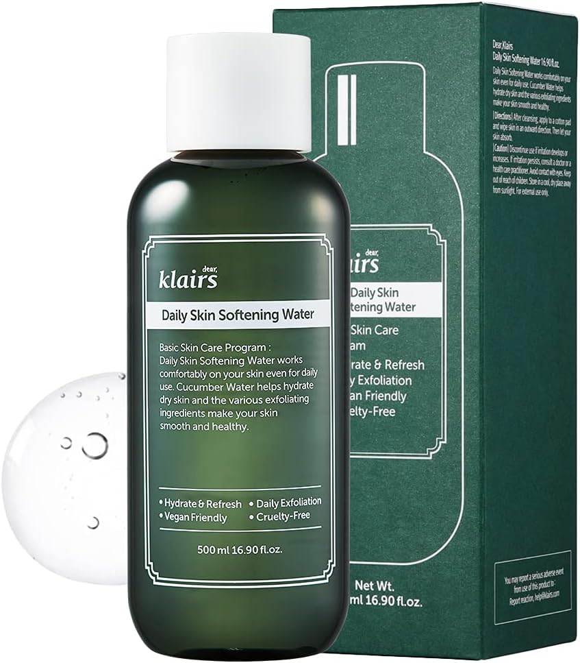 [DearKlairs] Daily Skin Softening Water, Toner, Jumbo 16.90 Fl Oz, Skin Refining Cucumber Essence, Daily mild exfoliator