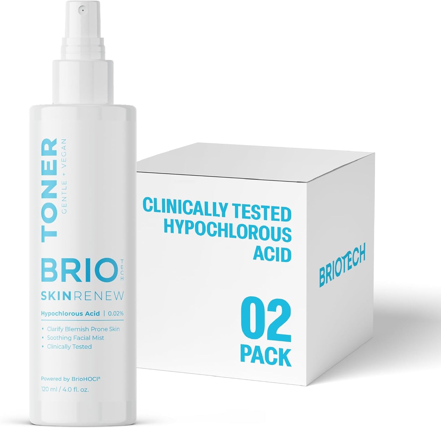BRIOTECH Skin Renew Toner, Hypochlorous Acid Spray Topical Skin Spray for Face and Skin, Minimize Appearance of Blemishes, Soothing Mist for Redness & Bumps, 4 fl oz ea, 2 ct