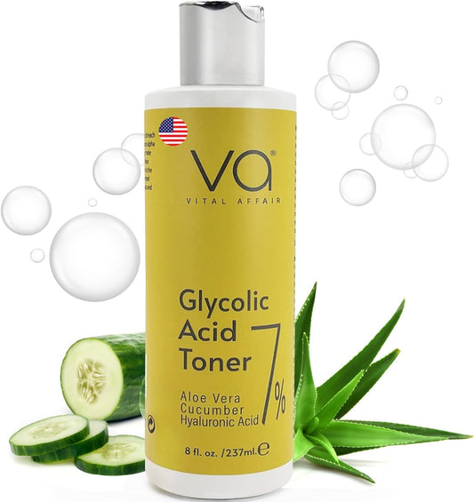 Glycolic Acid Toner for Face - Age Defying, Pore Minimizer for Face, Exfoliating Toner - with Aloe Vera, Cucumber, Hyaluronic Acid - AHA Toner - Alcohol Free Toner-for All Skin Types-by Vital Affair.