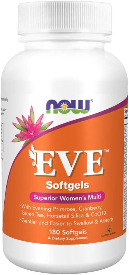 NOW Supplements, Eve¬™ Women's Multivitamin with Evening Primrose, Cranberry, Green Tea, Horsetail Silica & CoQ10, 180 Softgels