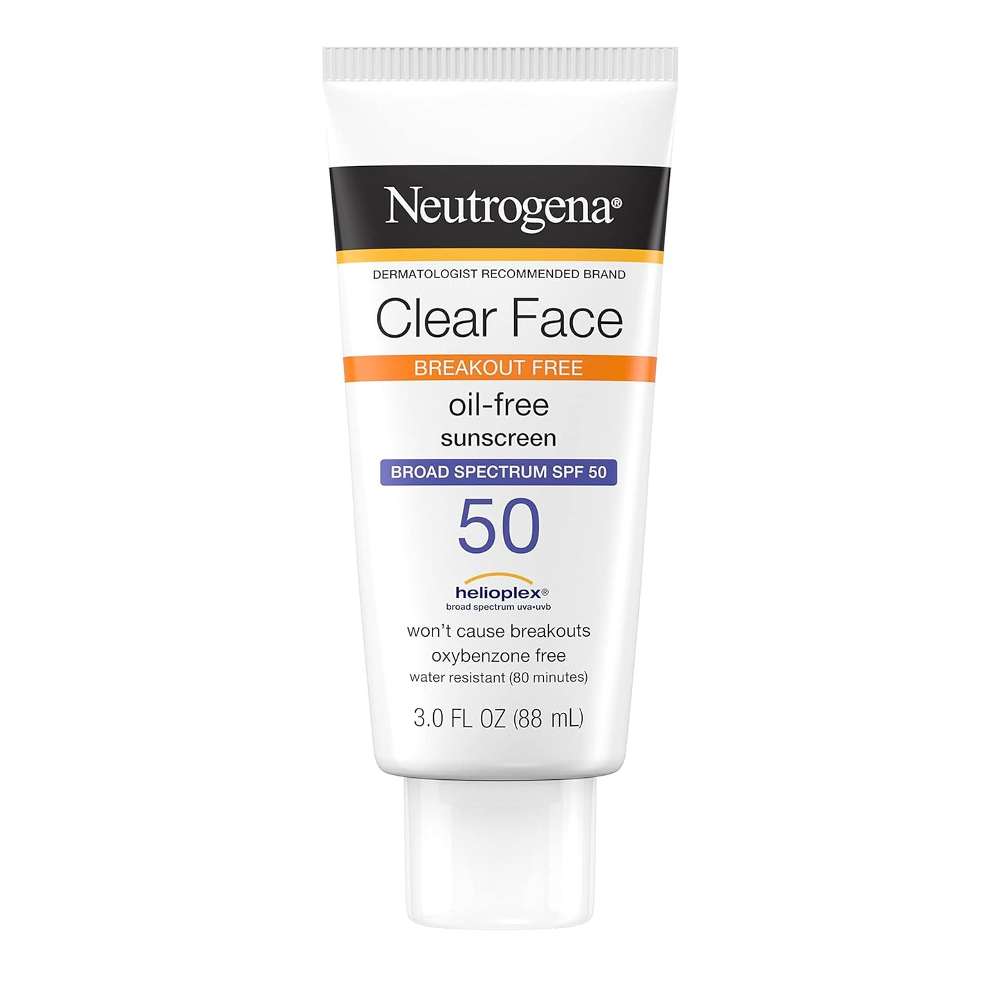 Neutrogena Clear Face Liquid Lotion Sunscreen for Acne-Prone Skin, Broad Spectrum SPF 50 UVA/UVB Protection, Oil-Free, Fragrance-Free, Non-Comedogenic, 3 fl. oz.