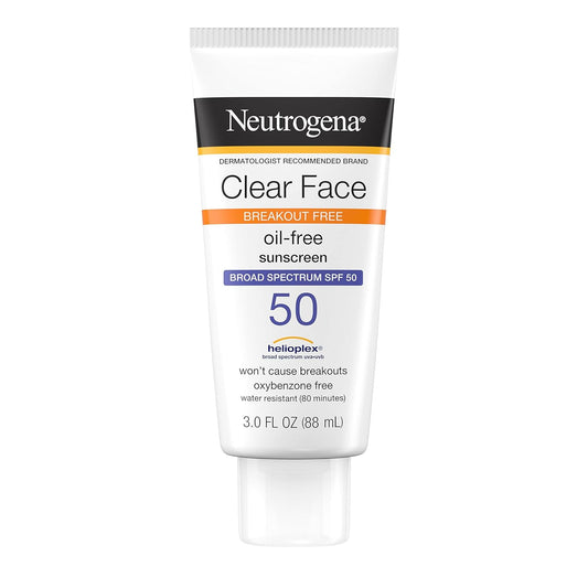 Neutrogena Clear Face Liquid Lotion Sunscreen for Acne-Prone Skin, Broad Spectrum SPF 50 UVA/UVB Protection, Oil-Free, Fragrance-Free, Non-Comedogenic, 3 fl. oz.