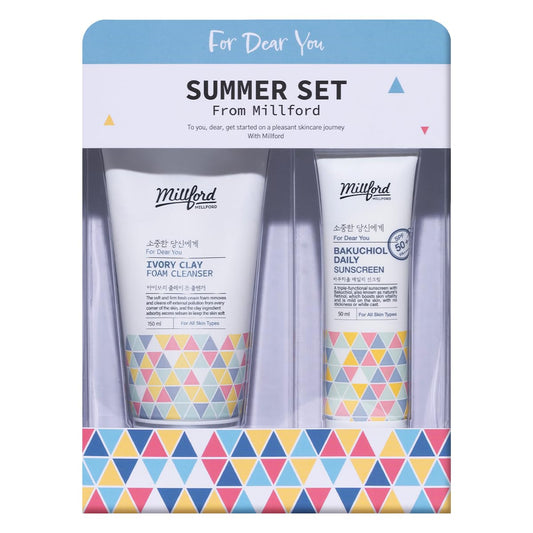 MILLFORD Summer Set with Ivory Foam Cleanser and Bakuchiol Daily Sun Moisturizer, Korean Skin Care, Firm and Soft Cream Foam, Sun Protection, Moisturizing, No White Cast, Quick Absorption, Gift Set