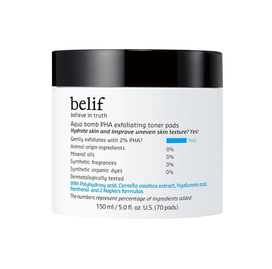 belif Aqua Bomb PHA Exfoliating Toner Pads | Moisturizer |Good for: Dryness, Uneven Texture, Pores, Dullness, Oiliness |Hydrating |for Oily, Combo, Normal Skin Types
