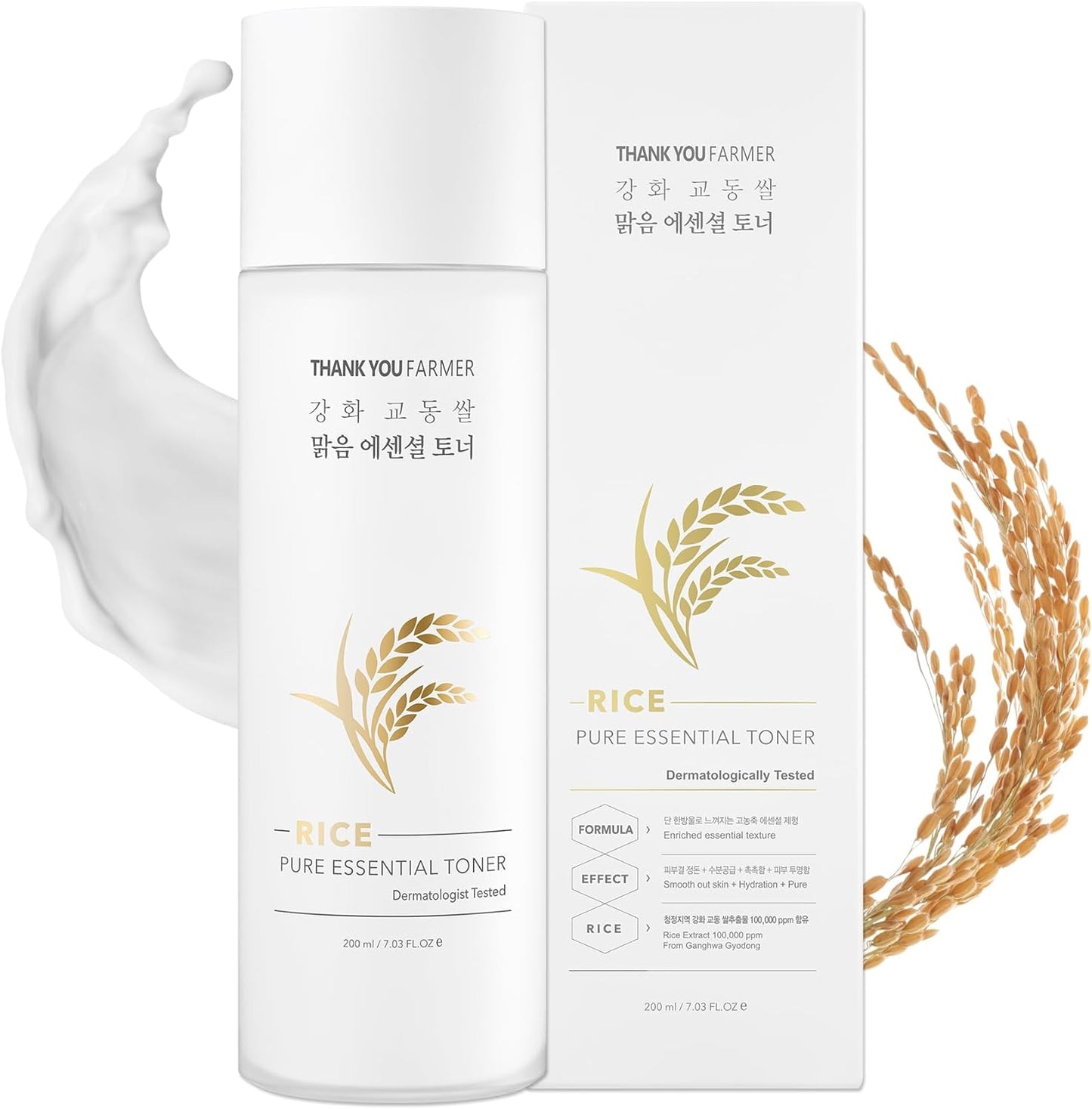 THANKYOU FARMER Rice Pure Essential Toner 7.03 floz, Non-Greasy Milk Toner, Exclusive Korean Rice, Niacinamide, Dermatologist Tested, Vegan, Glass Skin, Fragrance-Free