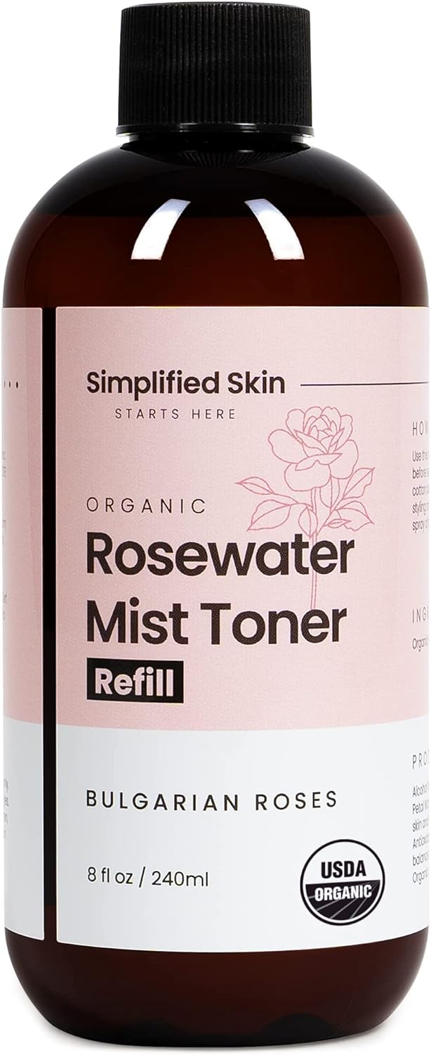Rose Water Spray for Face & Hair - 100% Natural Organic Face Toner - Alcohol-Free Makeup Remover - Anti-Aging Self Care Beauty Mist - Face Care - Hydrating Rosewater by Simplified Skin (8 oz)