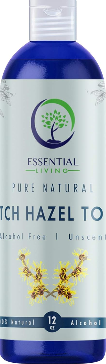 Essential Living: Witch Hazel Toner - Pure and Unscented - 12 oz. Natural Botanical Facial Skin Care Product for Acne and Blemishes - Helps Balance Skin pH - Fights Skin Inflammation - Made in the USA