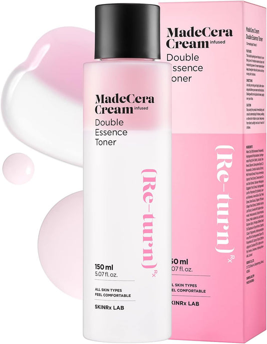 SKINRxLAB MadeCera Cream Double Essence Korean Toner 150ml (5.07fl.oz.) - Hydrating and Soothing Toner with Milk Protein, Ceramide, Beta-Glucan - Moisturizing Strawberry Milky Toner for Irritated Skin