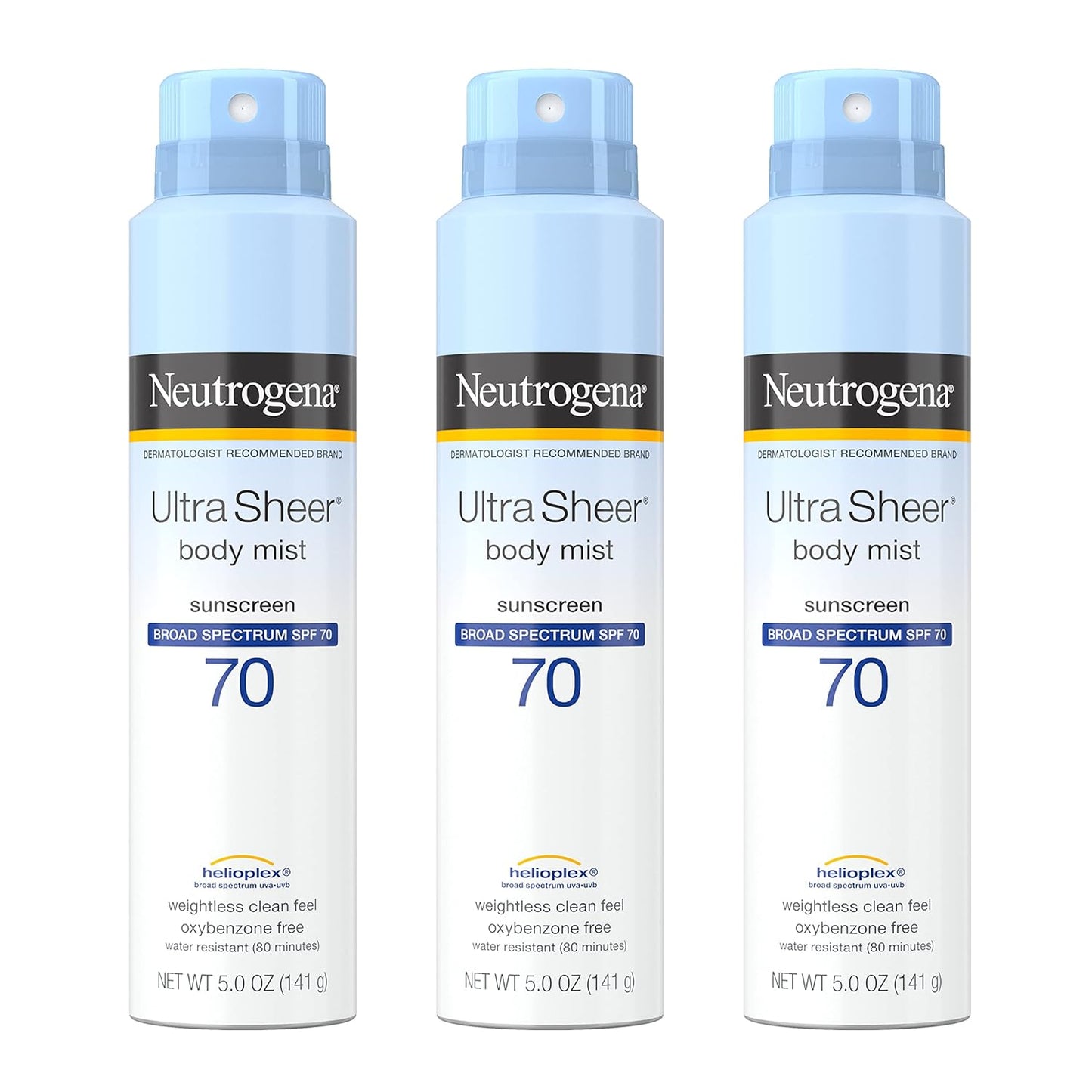 Neutrogena Ultra Sheer Body Sunscreen Spray, Broad Spectrum UVA/UVB Protection, 70 Sun Protection Factor, Oil-Free, Non-Greasy, Water Resistant, 5 oz