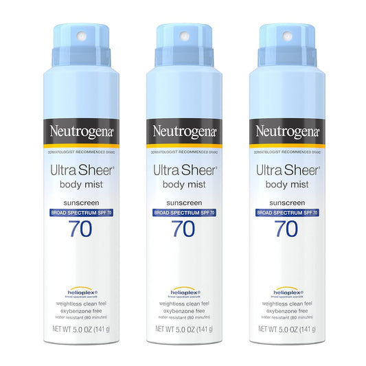Neutrogena Ultra Sheer Body Sunscreen Spray, Broad Spectrum UVA/UVB Protection, 70 Sun Protection Factor, Oil-Free, Non-Greasy, Water Resistant, 5 oz