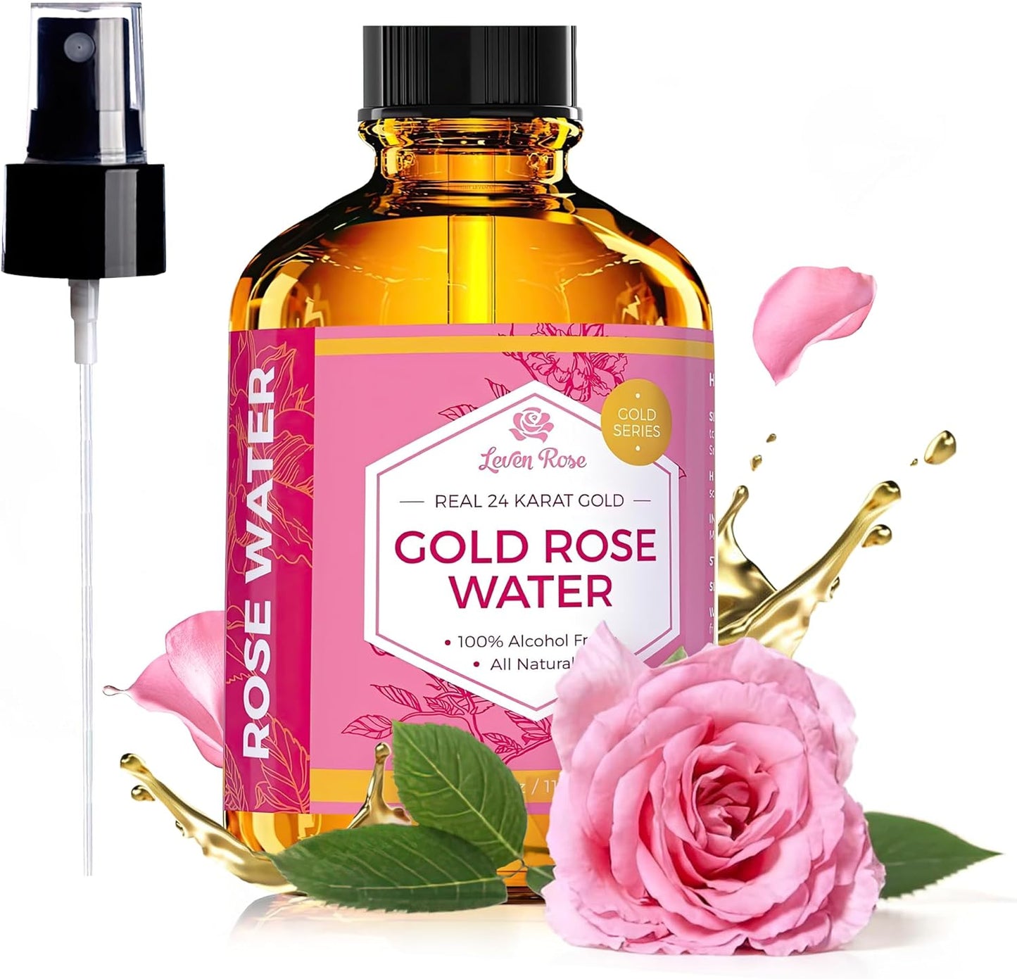 24 Karat Gold Rose Water Toner by Leven Rose Organic Natural Moroccan 24K Rosewater Toner 4 oz