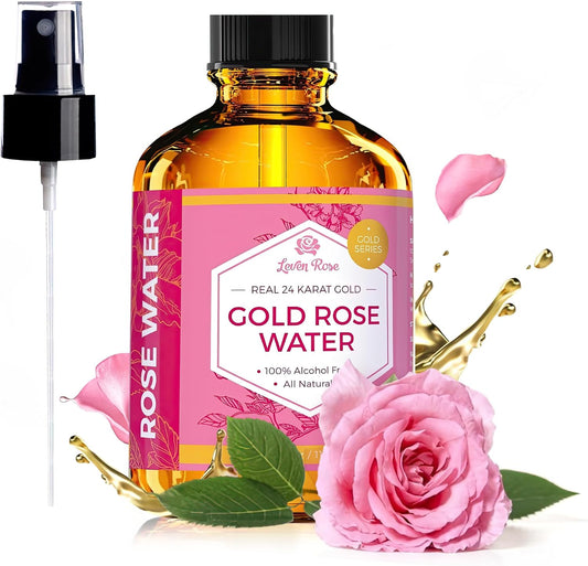 24 Karat Gold Rose Water Toner by Leven Rose Organic Natural Moroccan 24K Rosewater Toner 4 oz