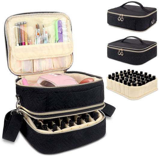 Nail Polish Organizer Case, Detachable Double Layer Nail Polish Organizer Bag Holds Up 42 Bottles, Portable Nail Polish Organizer Holder with Storage Pockets, Travel Bag Manicure Storage Bag（Black)