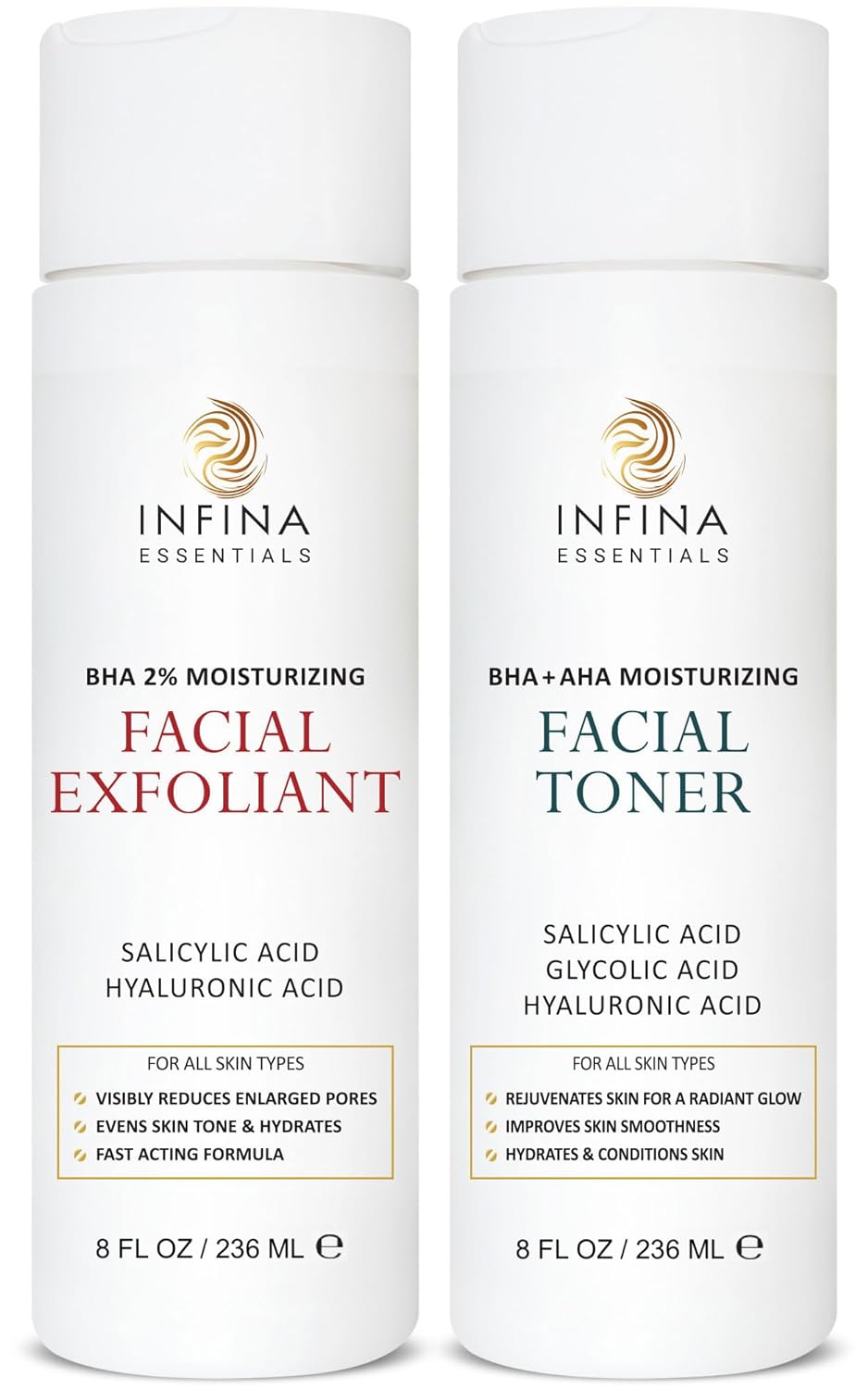 Face Exfoliator & Toner for Face, Big 8 fl oz Each - Revitalizing Facial Toner & Pore Reducing BHA Liquid Exfoliant - Optimal Facial Skin Care Products for Women