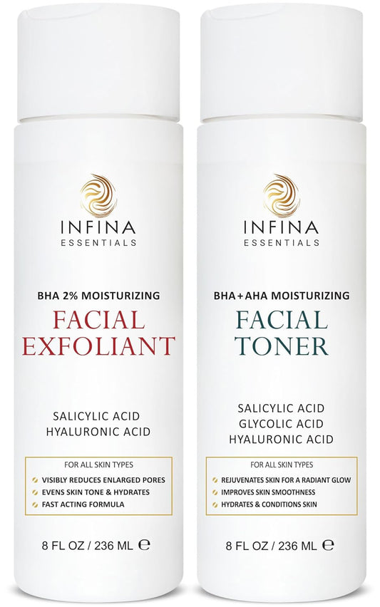 Face Exfoliator & Toner for Face, Big 8 fl oz Each - Revitalizing Facial Toner & Pore Reducing BHA Liquid Exfoliant - Optimal Facial Skin Care Products for Women