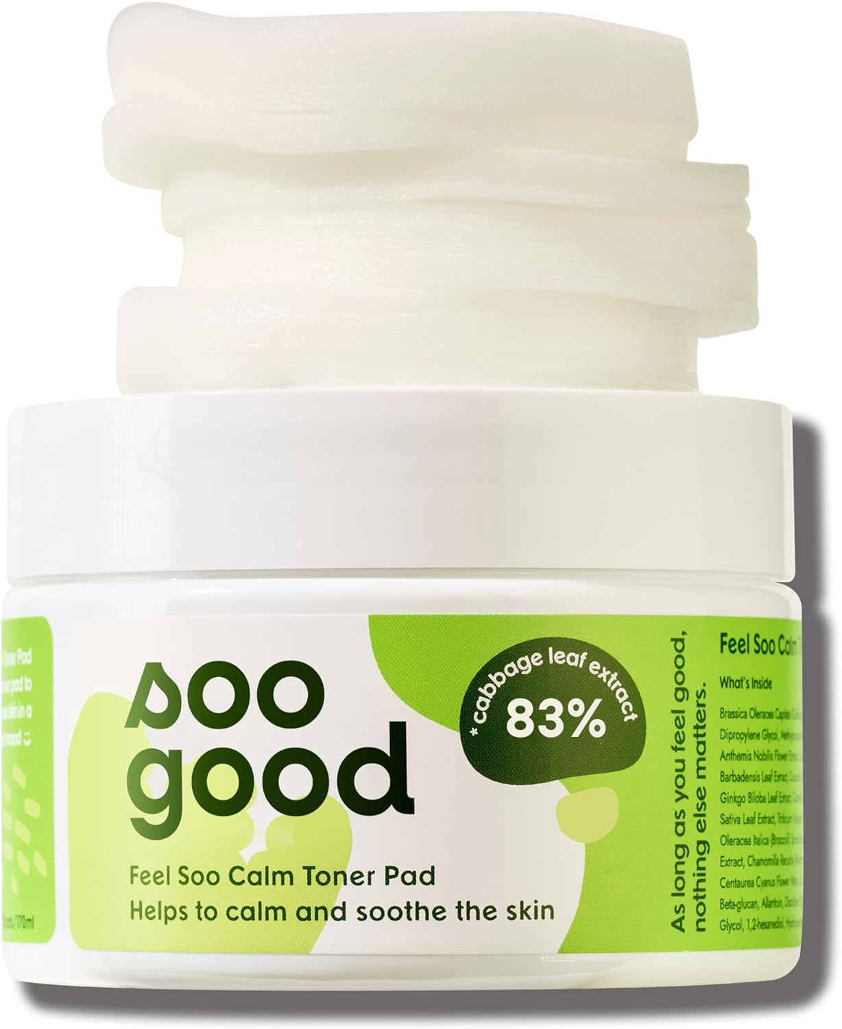 SOO Good Feel Soo Calm Pure Cotton Toner Pads 70 w/83% Cabbage Centella Asiatica Azulene - Sensitive Skin Soothe Pore & Sebum Control Korean Skincare