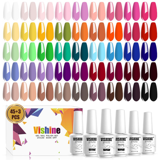 Vishine Gel Nail Polish Set - 45 Color Gel Nail Polish with Base Top Coat Lasting Nail Gel Polish Soak Off UV LED Gel Polish Manicure Kit 48Pcs 8ml