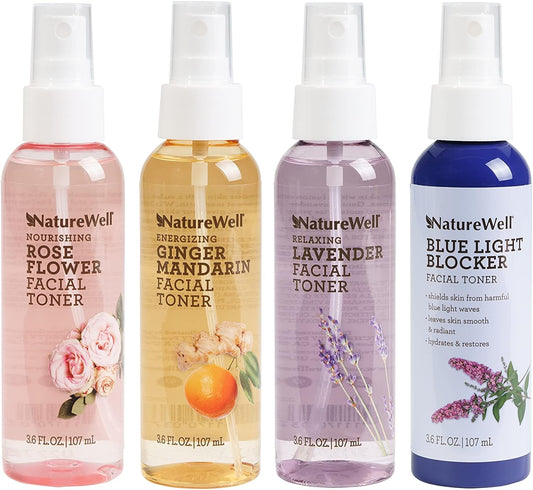 NATURE WELL All Day and Night Facial Toner Kit, Featuring Nourishing Rose Water, Energizing Ginger Mandarin, Relaxing Lavender and Blue Light Blocker, 3.6 Fluid Ounces, Pack of 4