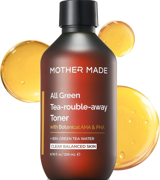 MOTHER MADE Organic Green Tea 83% Soothing Korean Essence Toner 6.76 fl. oz, Hydrating Balancing Facial Skin Care with 5 Hyaluronic Acids, AHA & PHA, Alcohol-Free, Vegan for Sensitive and Oily Skin