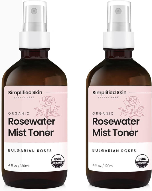 Rose Water Spray for Face & Hair - 100% Natural Organic Face Toner - Alcohol-Free Makeup Remover - Anti-Aging Self Care Beauty Mist - Face Care - Hydrating Rosewater by Simplified Skin (4 oz) - 2 Pack