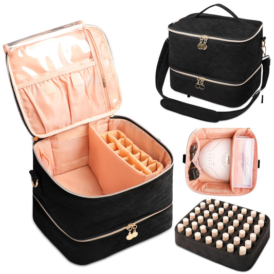 ahzske Nail Polish Organizer Case Holds 54 Bottles (0.5 fl.oz) and Nail Lamp, Double-Layer Nail Polish Organizer with Shoulder Strap, Nail Organizers and Storage for Manicure Tools-Black