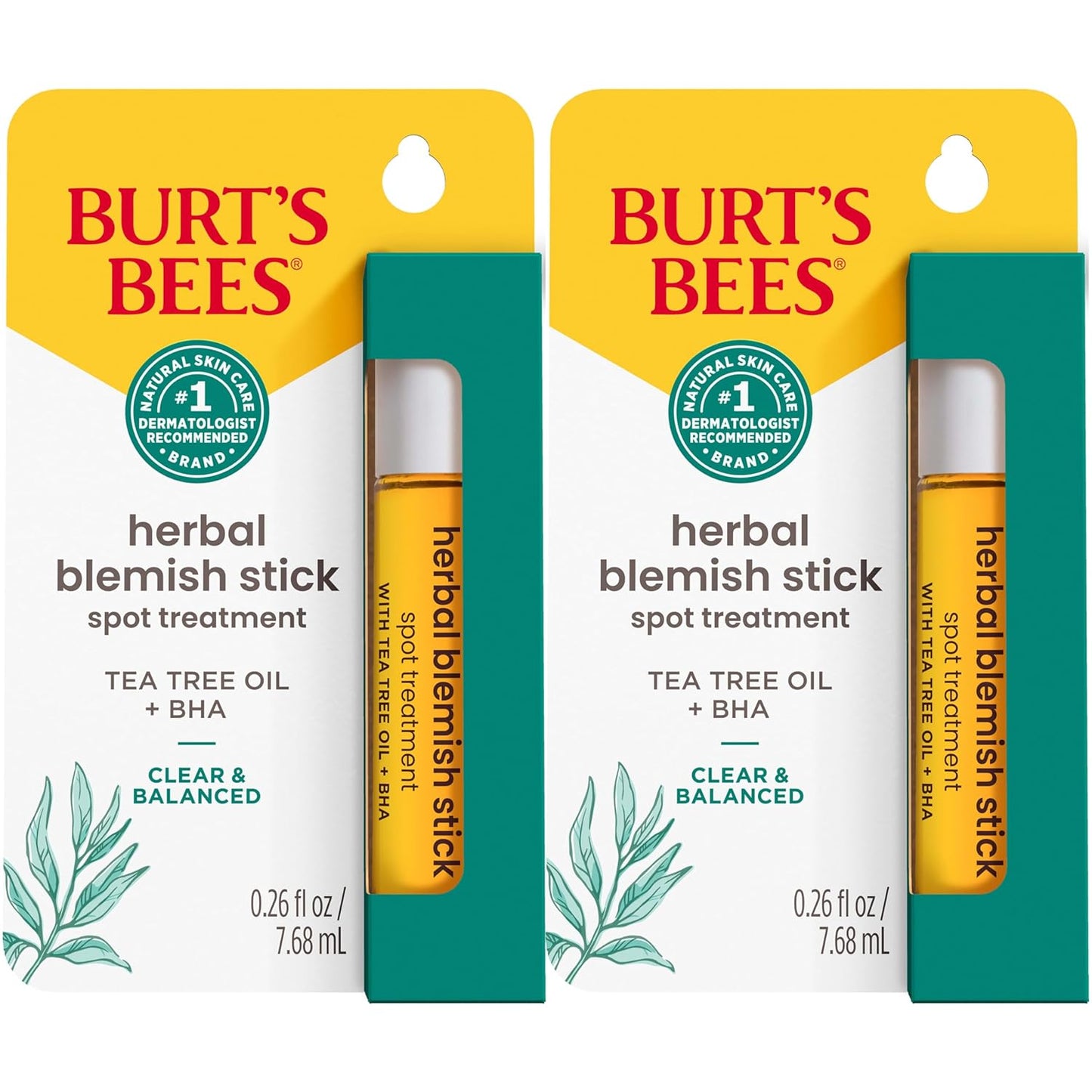 Burt’s Bees Clear and Balanced Herbal Blemish Stick with Tea Tree Oil, Cica and Willow Bark Extract, On-the-Go Blemish Care, Unclogs Pores, Use with Skincare Products, 2-Pack, 0.26 fl. oz.