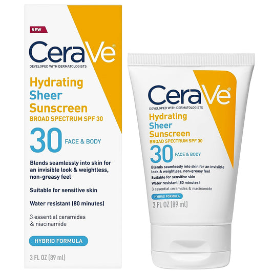 CeraVe Hydrating Sheer Sunscreen SPF 30 for Face and Body | Mineral & Chemical Sunscreen with Zinc Oxide, Hyaluronic Acid, Niacinamides and Ceramides| Paraben Free Fragrance Free | 3 Ounces